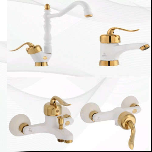 ست کامل ۴ تیکه شیرالات رستاک مدل چکاوک سفید طلایی(دارای رنگ بندی)